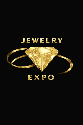 Logo for Jewelry Expo with a gold diamond and circular design on a black background