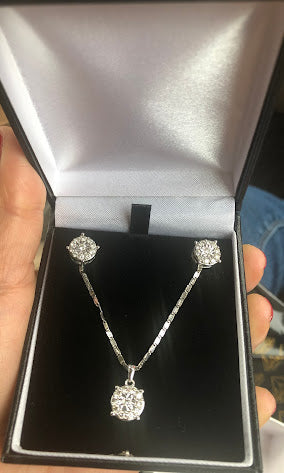 Classic Halo Pendant Necklace + Matching Stud Earrings Set (Silver Tone)